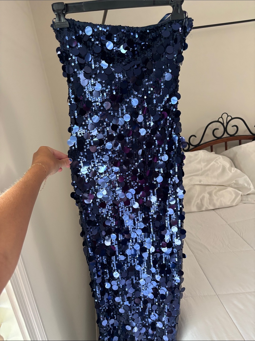 Navy Sequin Strapless Midi Dress